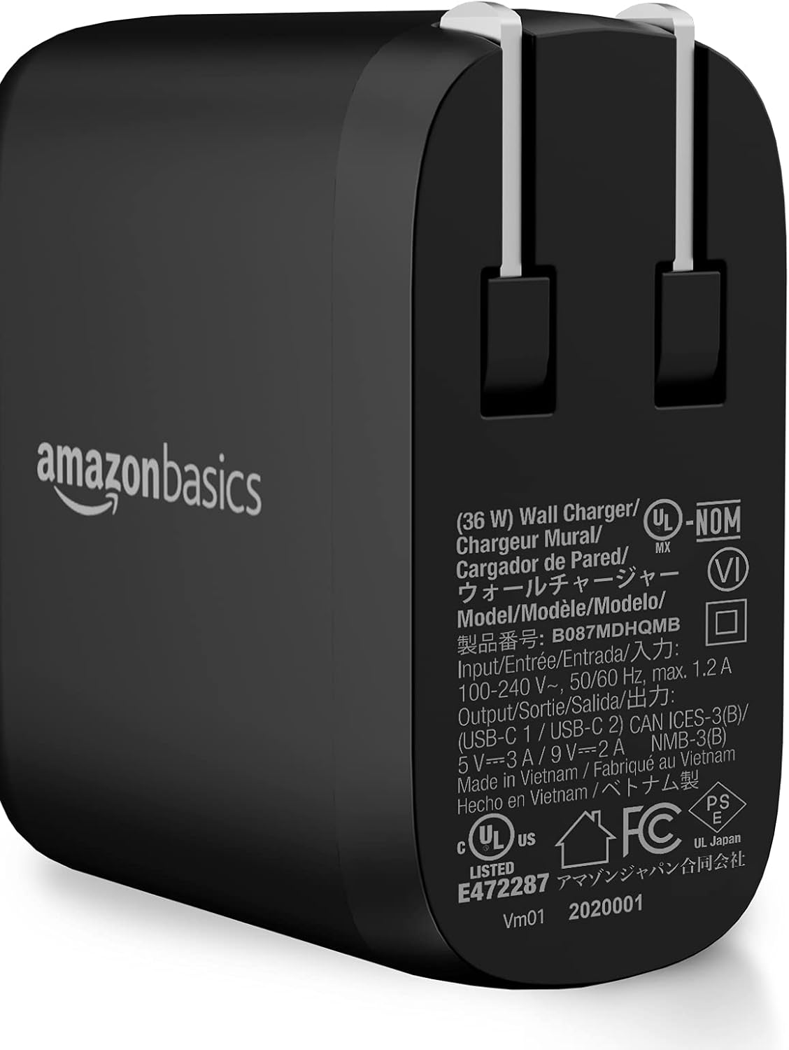 Amazon Basics 36W Dual Port USB-C Wall Charger with Power Delivery, Foldable Plug, for Tablets & Phones (iPhone 15/14/13/12/11/X, iPad, Samsung, and More), Non-PPS, 2.34 x 2.21 x 1.09 inches, Black