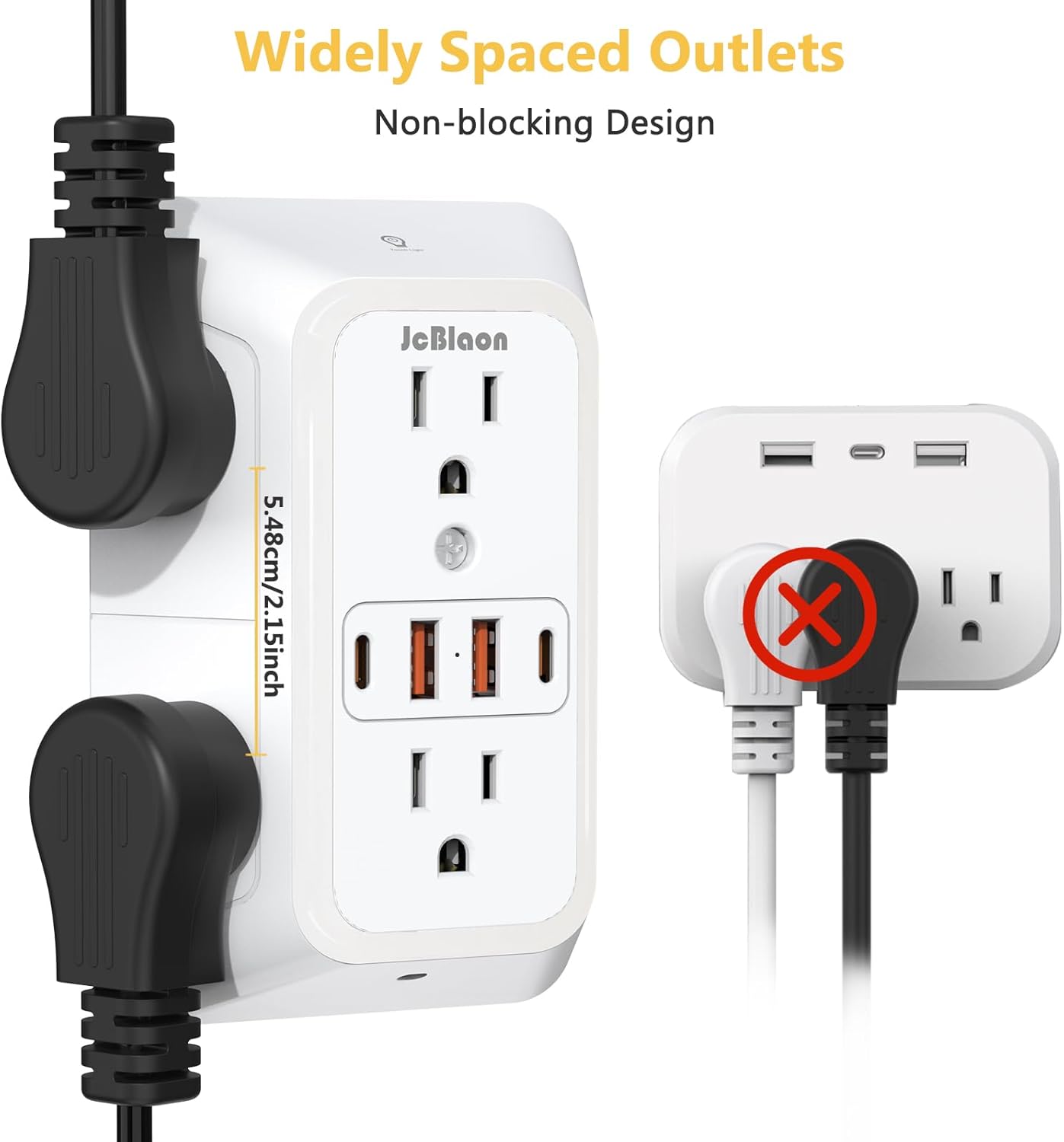 Wall Outlet Extender with Night Light, Power Plug Adapter 6 Outlet Extender with 4 USB Charging Ports 1050J Power Strip Multi Plug Adapter Spaced for Home Travel Office (2U2C)-ETL