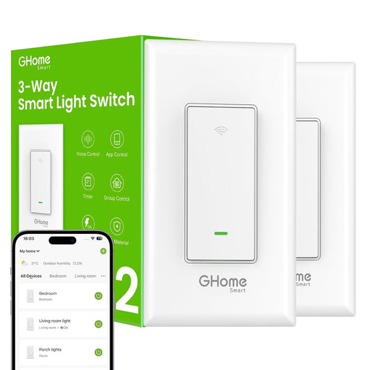 GHome Smart Switch, 3 Way Light Wi-Fi Switch Compatible with Alexa and Google Home, 2.4GHz Schedule Timer, Neutral Wire Required, 3-Way Installation and No Hub Required, FCC Listed (2-Pack), White