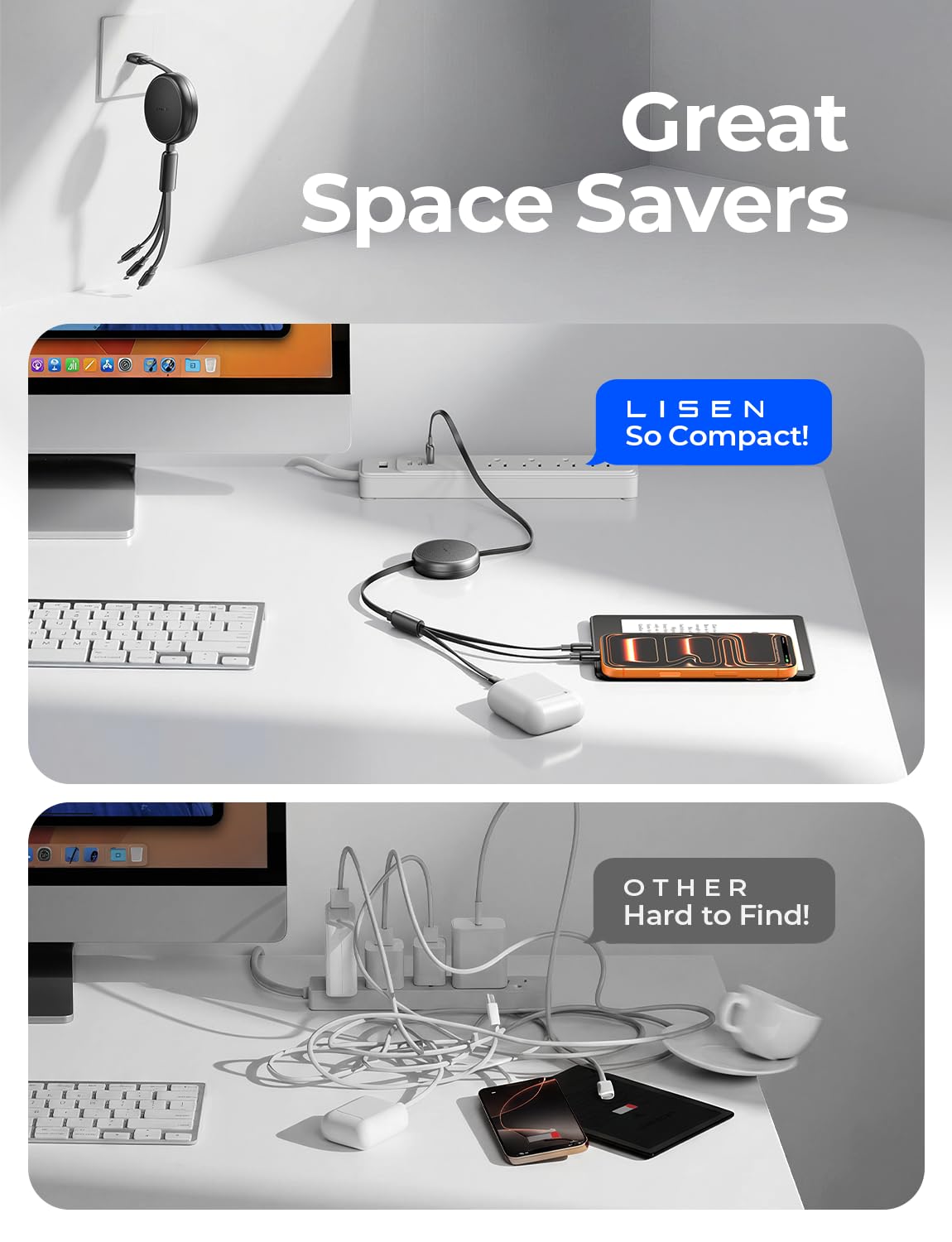 LISEN Multi Charging Cable, Retractable Car Charger for Multiple Devices