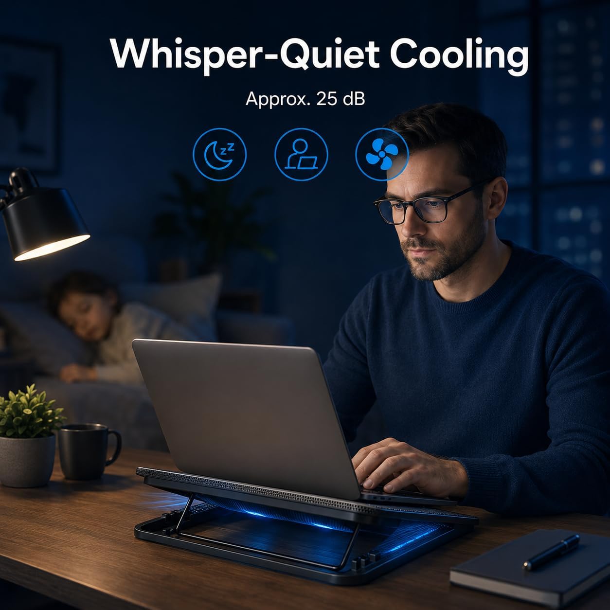 Rappet Laptop Cooling Pad, 6 Fans, 4-Level Stand, Dual USB, 12-17 Inch | Cooling and ergonomic support for 12-17 inch laptops, ideal for home offices, study spaces and daily work.