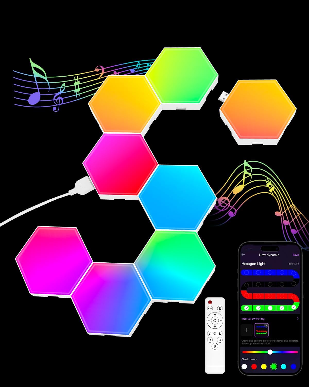 Hexagon LED Light Panels 8 Pack – RGB Wall Decor Lights with Music Sync, App & Remote – Modular Home & Christmas Decor for Bedroom, Living Room, and Room Decor