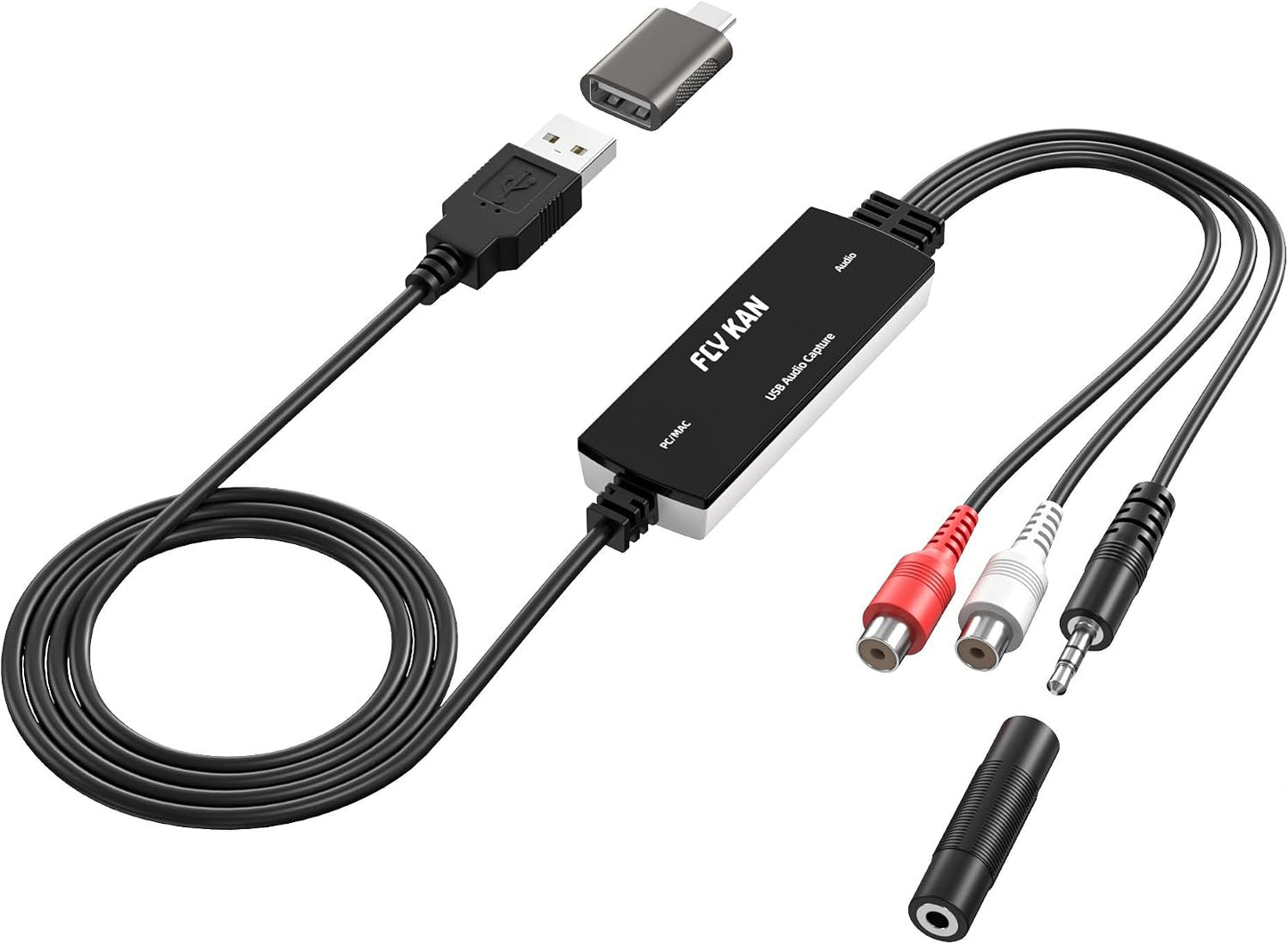 USB 2.0 Audio Grabber with USB-C Adapter – Analog to Digital Converter, Dual RCA/3.5mm Inputs, Vinyl/Cassette to MP3 USB Capture Card for PC/Mac/Linux