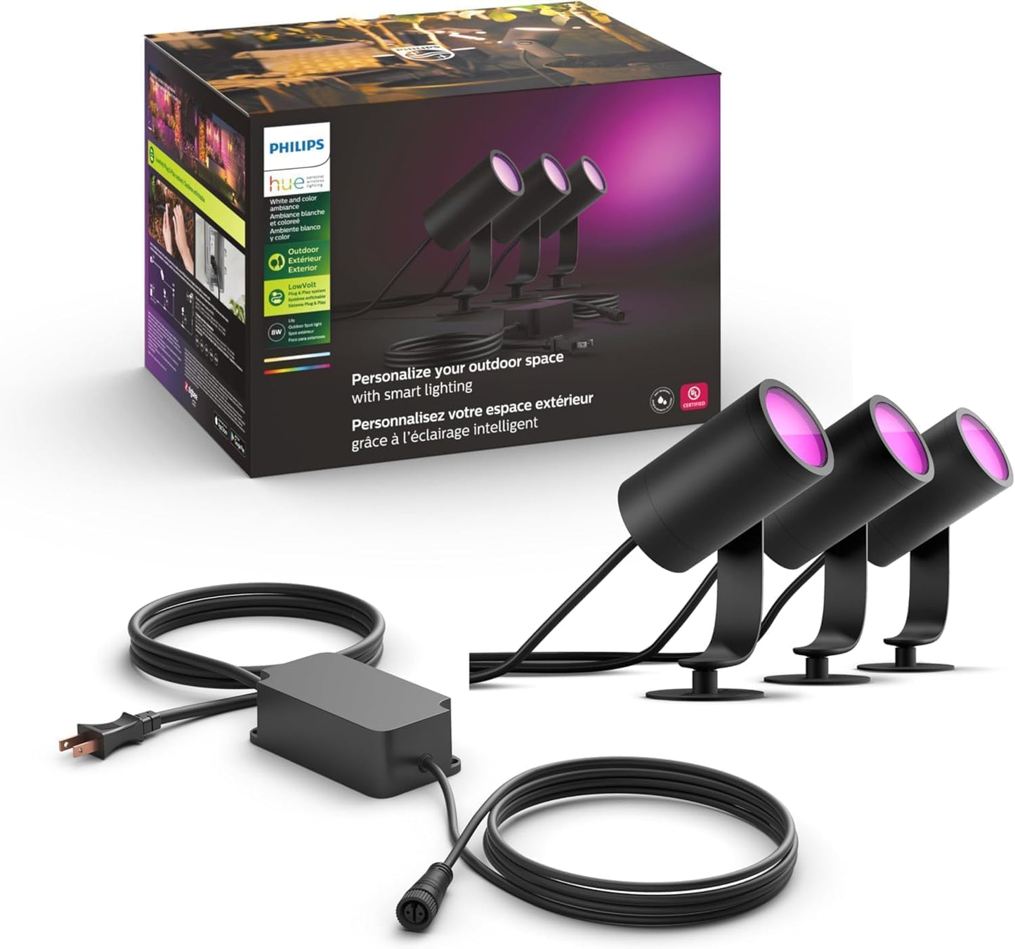 Philips Hue Lily Outdoor Smart Spotlight Base Kit, 3 Pack, White and Color Ambiance LED Walkway Lights, Low Voltage Landscape Lighting, Requires Bridge, Control with App & Voice, Weatherproof