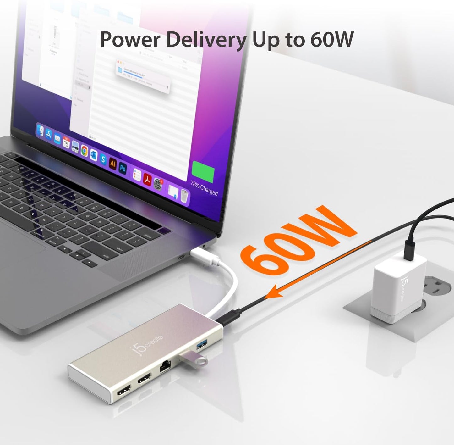 j5create USB-C Mini Dock-Type C Hub with 2X HDMI, 2X USB 3.0, Ethernet, Power Delivery 2.0 (JCD381)