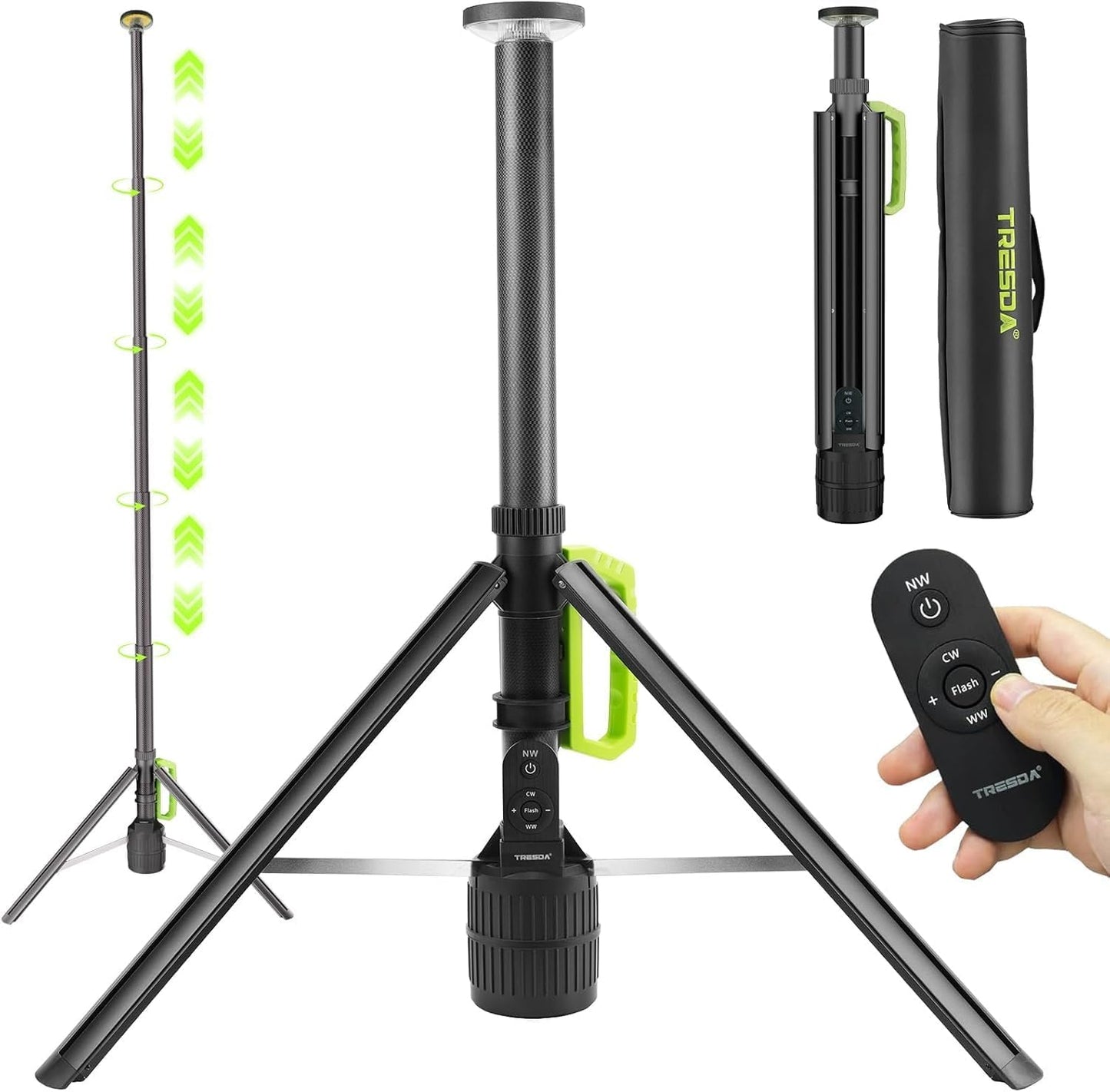 Tresda Rechargeable Telescopic Camping Light, 8.4FT LED Work Light with Tripod Stand & Remote Control, 3000LM Super Bright, 3 Color Temps, Portable Tripod Lights for Outside, Sports, Emergency