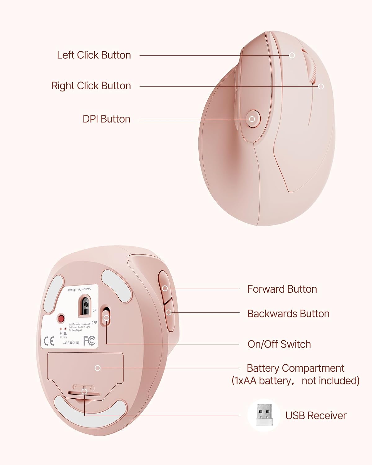 Ergonomic Mouse, USB+Bluetooth Dual Connection, Wireless Vertical Mouse for Reducing Wrist Pain, 1000/1600/2400 DPI, Ergo Mouse with Quiet Click for Windows Mac OS PC Computer Laptop, Pink