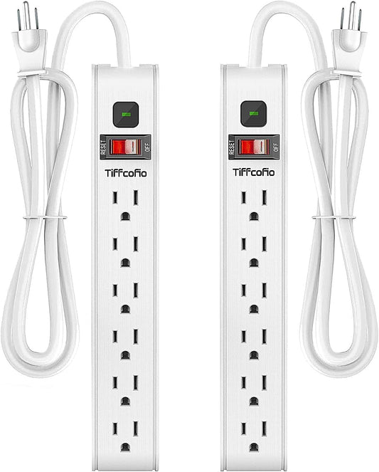 TiFFCOFiO Surge Protector Power Strip, 6 Feet Extension Cord, 600 Joules Surge Protection, Multiple Protection 6 Outlet Strip, 14 AWG Cord, 15A/1875W, ETL Listed, 2 Packs