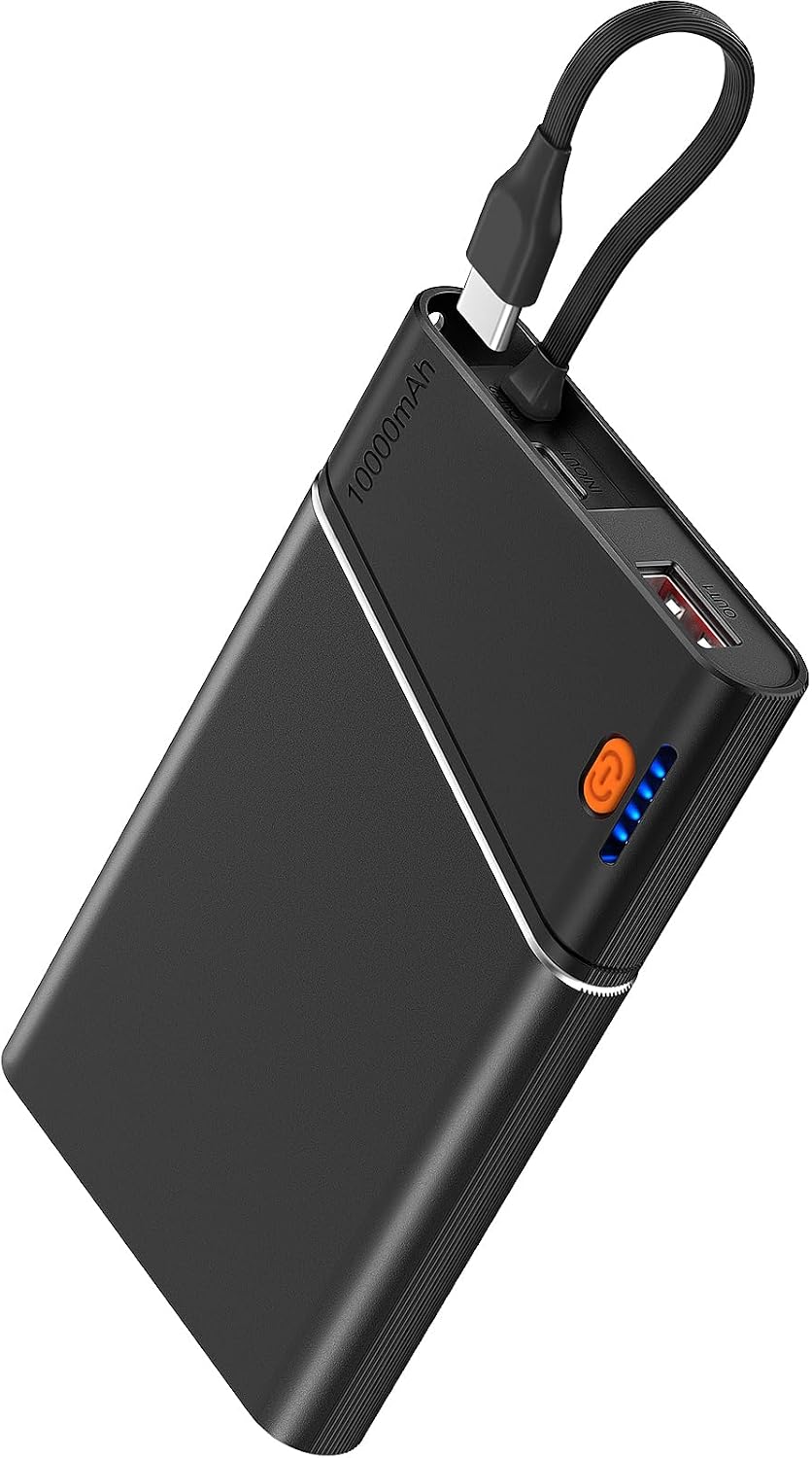 Aaoyun Portable Charger Power Bank, 10000mAh 22.5W PD Fast Charging Powerbank with Built-in USB C Cable, Slim External Phone Battery Pack for iPhone 17/16/15 Samsung S24 Android etc (Black)