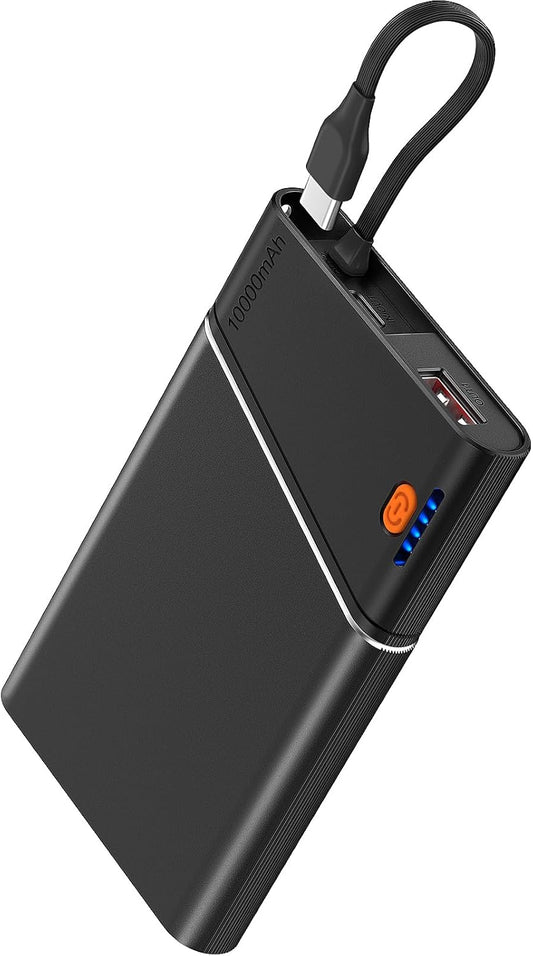 Aaoyun Portable Charger Power Bank, 10000mAh 22.5W PD Fast Charging Powerbank with Built-in USB C Cable, Slim External Phone Battery Pack for iPhone 17/16/15 Samsung S24 Android etc (Black)