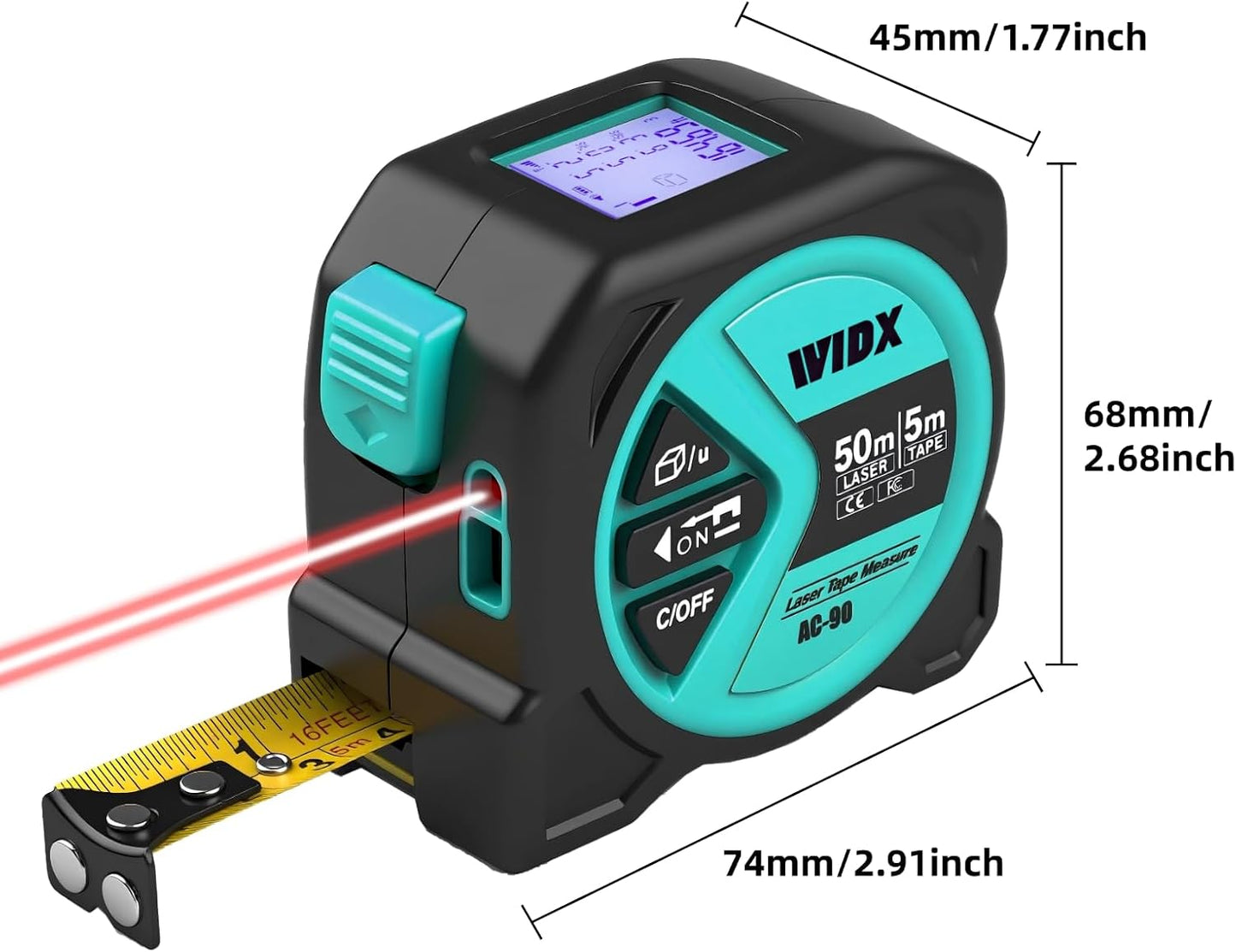 WIDX 2 in 1 Laser Tape Measure,164ft Laser Measurement & 16ft Tape Measure | Laser Distance Meters with Magnetic Hook, LCD Display, in/Ft/M/Ft+n, Linear/Area/Volume/ Pythagorean for Different Scenarios