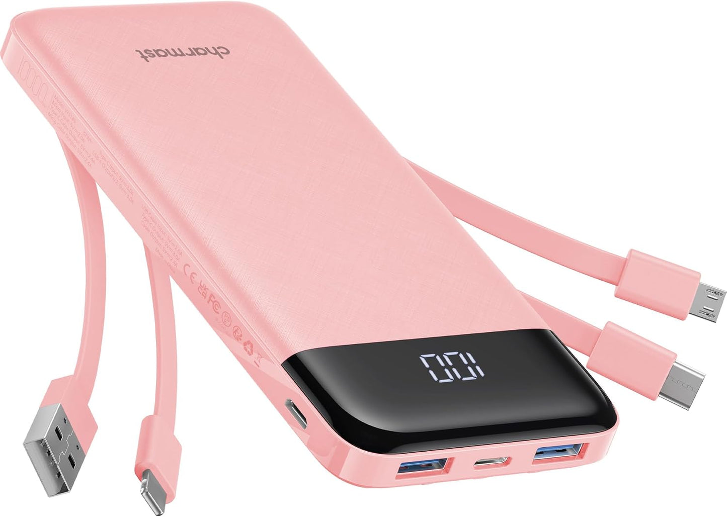 charmast Power Bank Portable Charger with Reinforced Built-in 4 Cables | 3A Fast Charging,10000mAh,6 Outputs 3 Inputs,Travel Essentials,TSA Compliant,LED Display,compatible with iPhone Samsung Moto