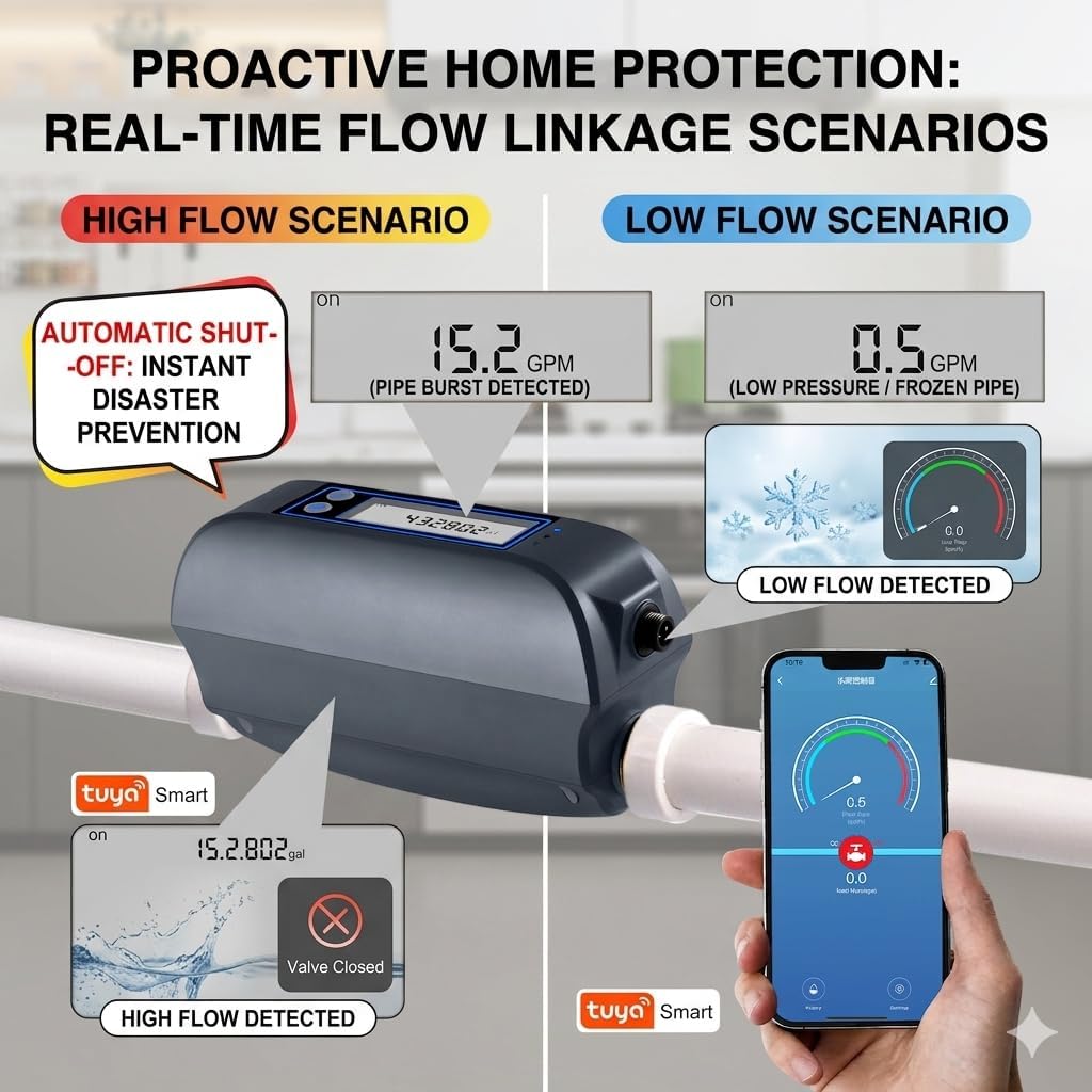 Haozee WiFi Smart Water Valve and Auto Shut-Off | Ultrasonic Flow Detection,Customizable High/Low Flow Alerts, With Wifi Water Sensor,For 3/4" Diameter DN20 Pipe
