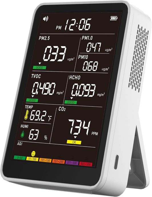 16-in-1 Indoor Air Quality Monitor, High-Precision Multi-Parameter Smart Air Quality Tester with HD Real-Time Color Screen, Portable Air Quality Monitor for Home, Office, Cars, School, Bedroom