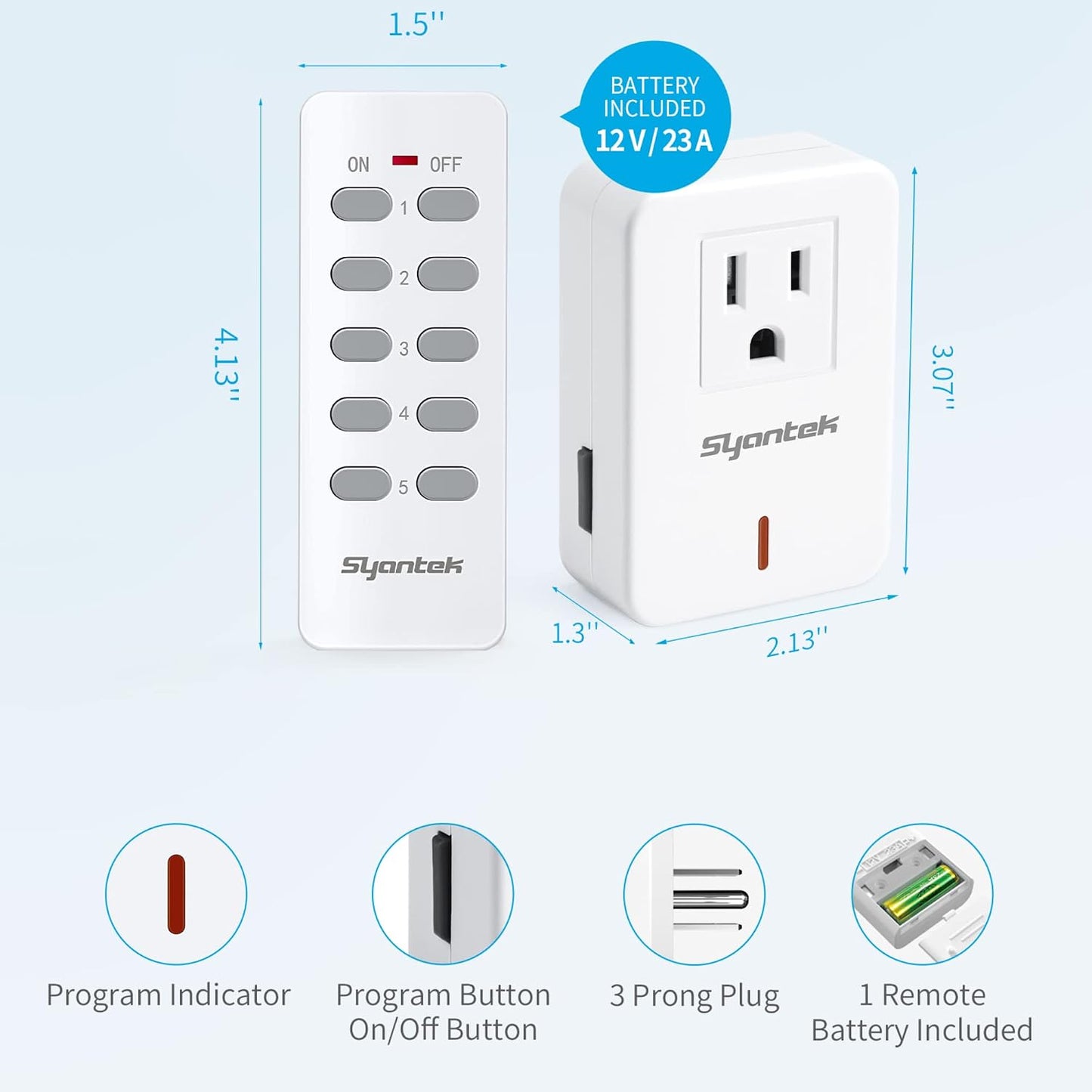Syantek Remote Control Outlet Wireless Light Switch for Household Appliances, Expandable Remote Light Switch Kit, Up to 100 ft Range, White (5 Outlets + 2 Remotes)