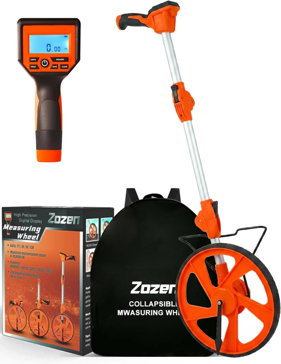 Zozen Measuring Wheel Digital Display, Imperial & Metric, High Precision | 3-Section Foldable, Backlit Display, Measure Wheel Roller Up to 9,999.99Ft/9,999.99M, Kickstand, Include Portable Backpack
