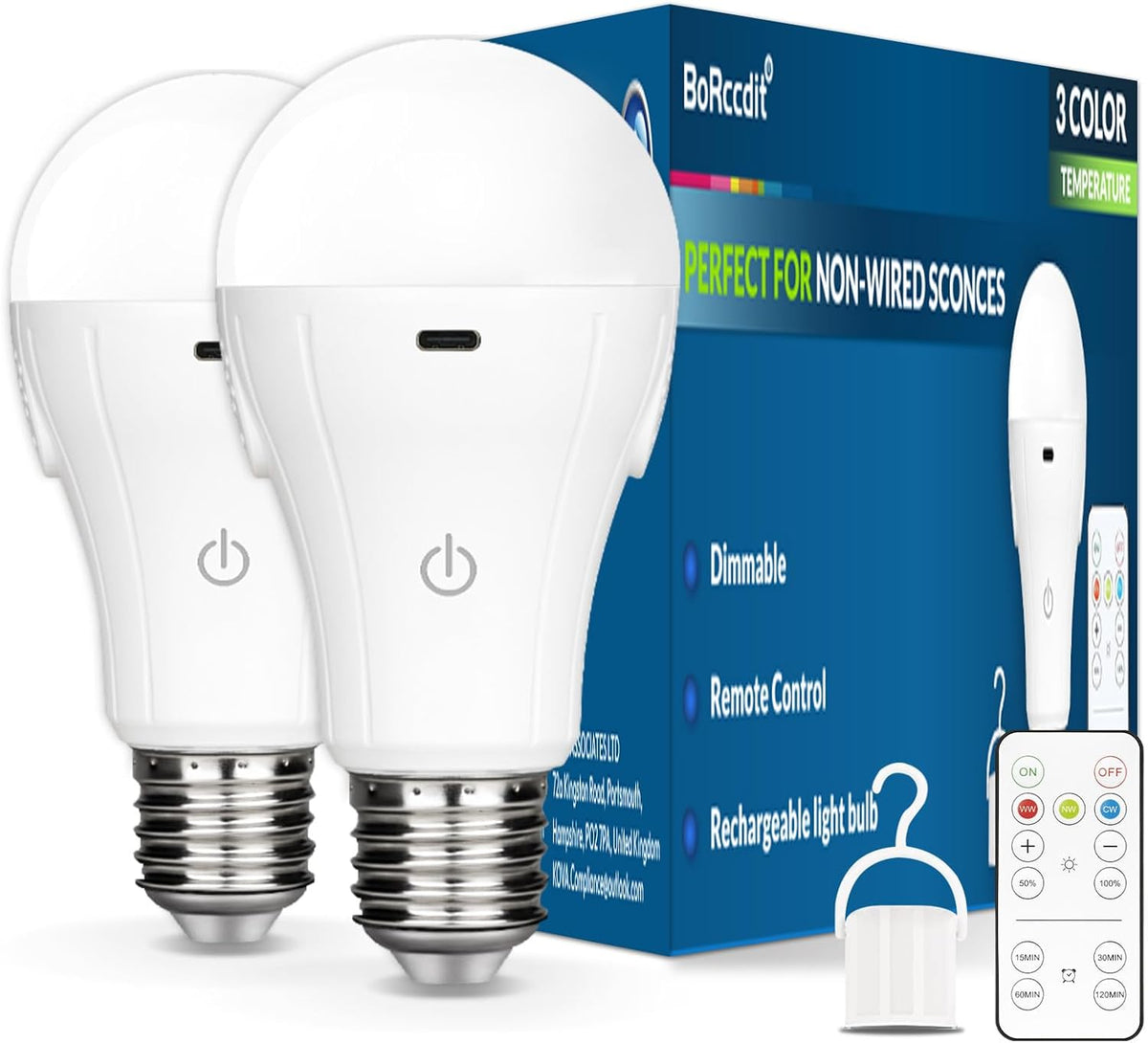 CordlessGlow Battery Operated Light Bulb with Remote，3 Colors + Dimmable + Touch Control Rechargeable Light Bulbs for no-Hardwired Fixture, up to 24 Hours,2Pack