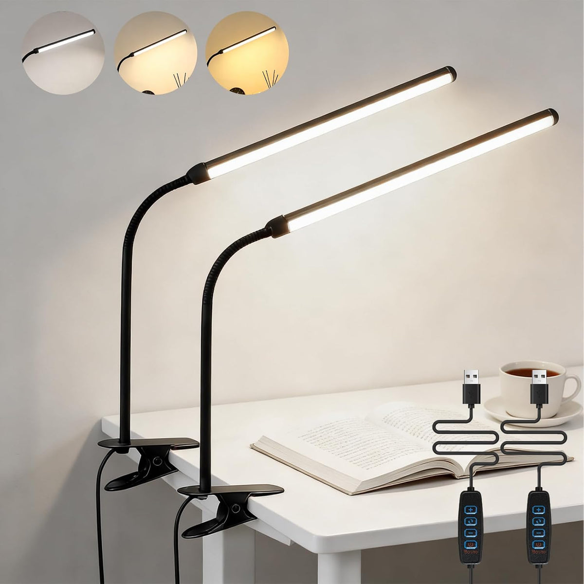 2 Pack LED Desk Lamp with Clamp,Eye-Friendly Clip on Lights for Home Office Study Reading,3 Modes 10 Brightness,Long Flexible Goose-Neck,Swing Arm Architect Task Table Lamps USB Usage
