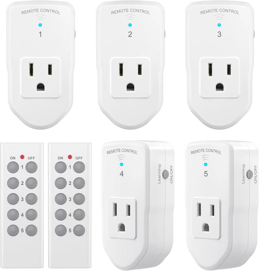 BN-LINK Wireless Remote Control Outlet Electrical Switch for Lights, Fans, Christmas Lights, Small Appliance, 100ft Long Range White (Learning Code, 5Rx-2Tx) 1200W/10A, ETL & FCC Certified