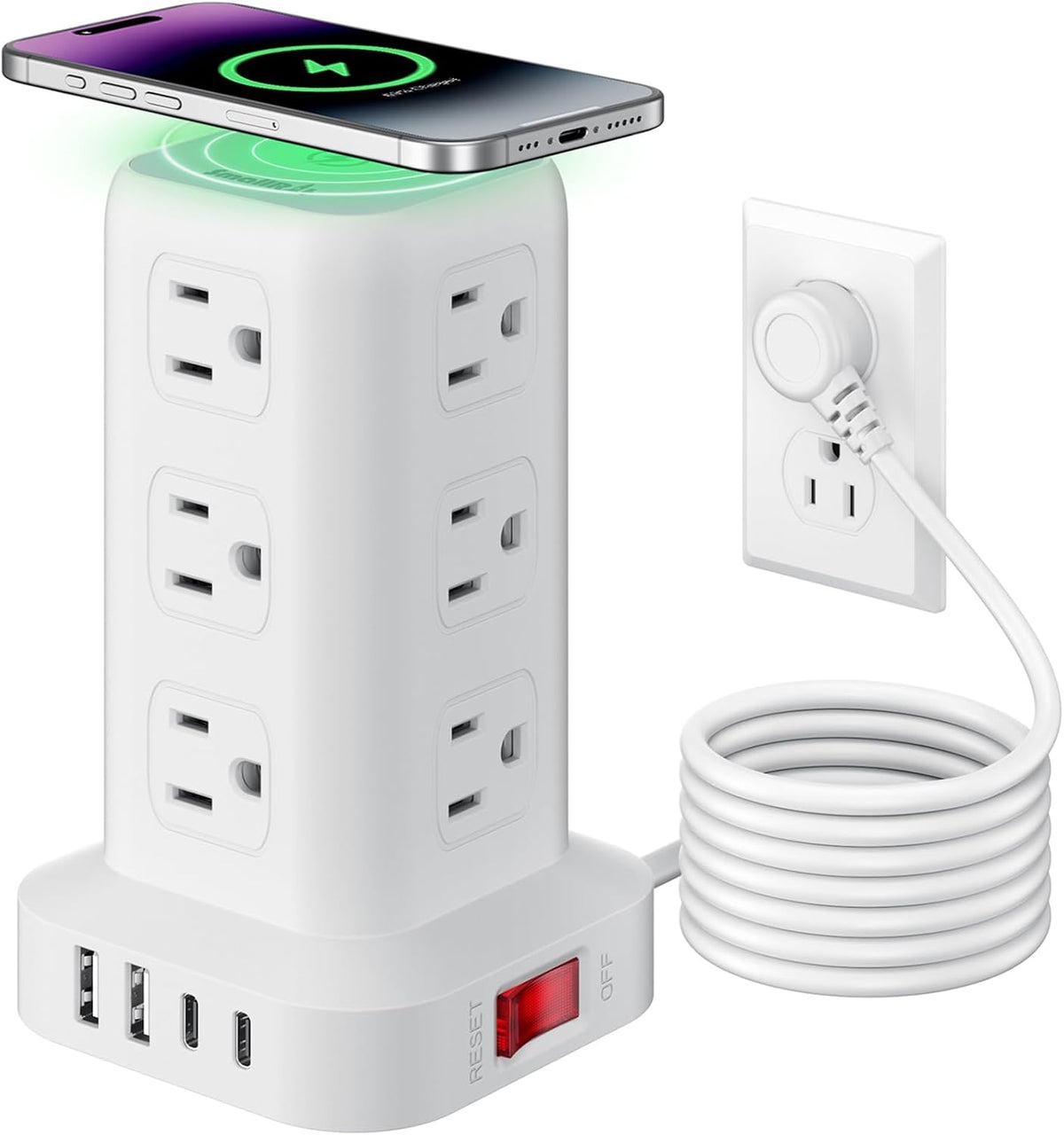 Extension Cord with Multiple Outlets, SMALLRT Power Strip Tower, 10FT Outlet Extender with 12 AC Outlets 4 USB, Power Strip with USB Ports for Home Office Dorm Room,Overload Protection