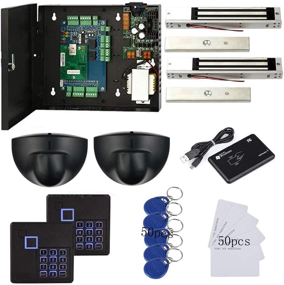 Request to Exit PIR Motion Sensor 4 Doors Access Control Electronmagnetic 600 LBS Magnetic Lock 110-240V Power Supply Box RFID Keypad Reader Keyfobs/Cards(Phone APP remotely Open Door)