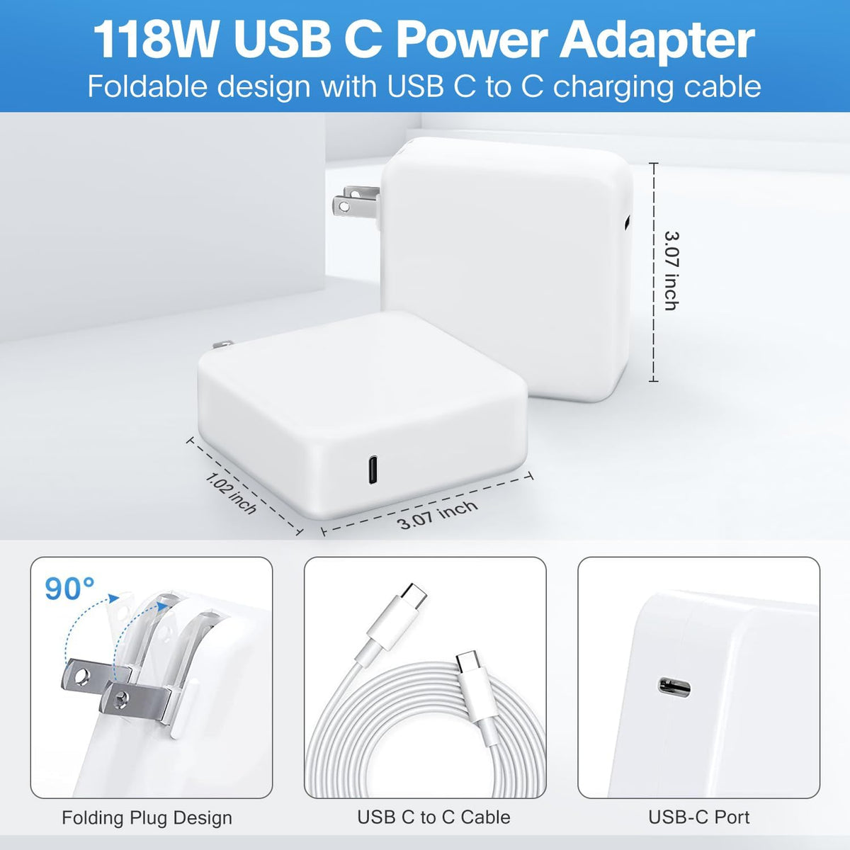 Mac Book Pro Charger - 118W USB C Fast Charger Power Adapter Compatible with MacBook Pro/MacBook Air 16 15 14 13 Inch, M1 M2 M3 M4 M5, New iPad Pro and All USB C Device, Charge Cable 6.6ft