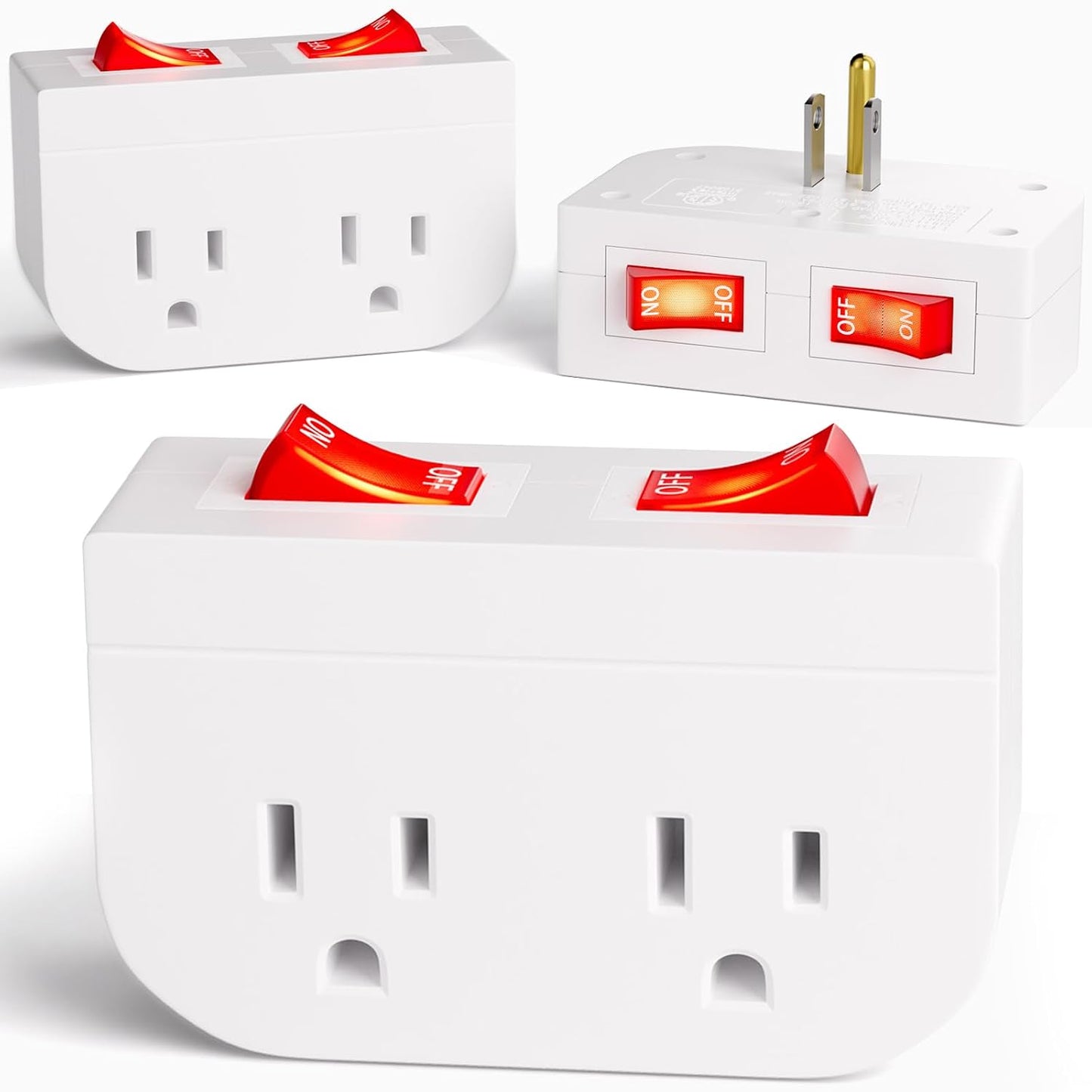 3Pack - POWAWINI Grounded Outlet with Double On Off Switch, Two Port Electrical Outlet Plug Switch, Wall Tap Adapter with Daul Red Indicator, 1875W,15A, ETL Listed (Black)
