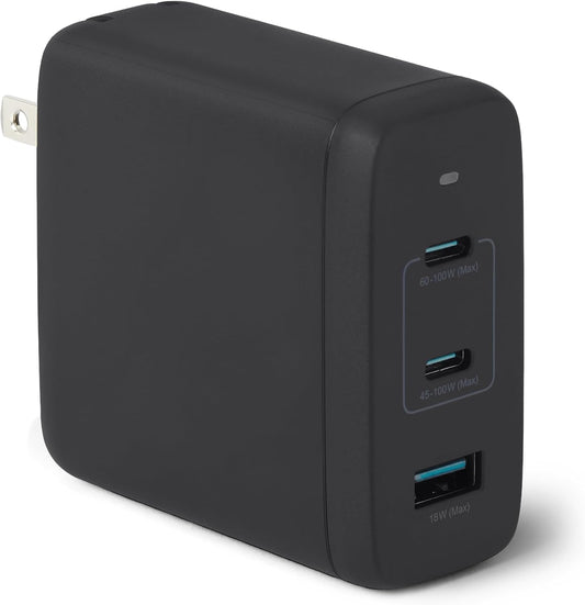 Amazon Basics 120W Fast Charging USB-C Nano GaN Wall Charger, 3-Port for Laptops, Tablets, Phones, Compact Travel-Friendly Size, Black