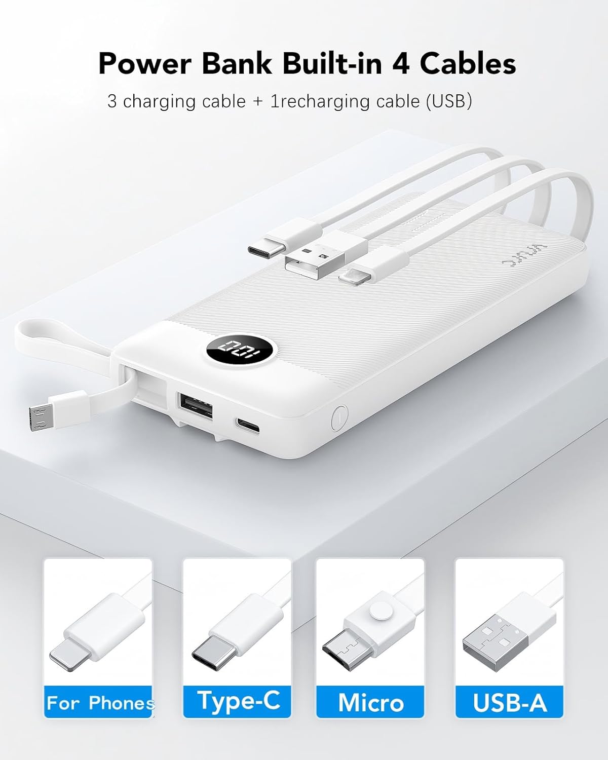 VRURC Portable Charger Built in 4 Cables, Slim Power Bank 10000mAh | Multi Devices Charging Bank with Lanyard, USB C Battery Pack for All Cell Phones, Samsung,Android-White(1 Pack)