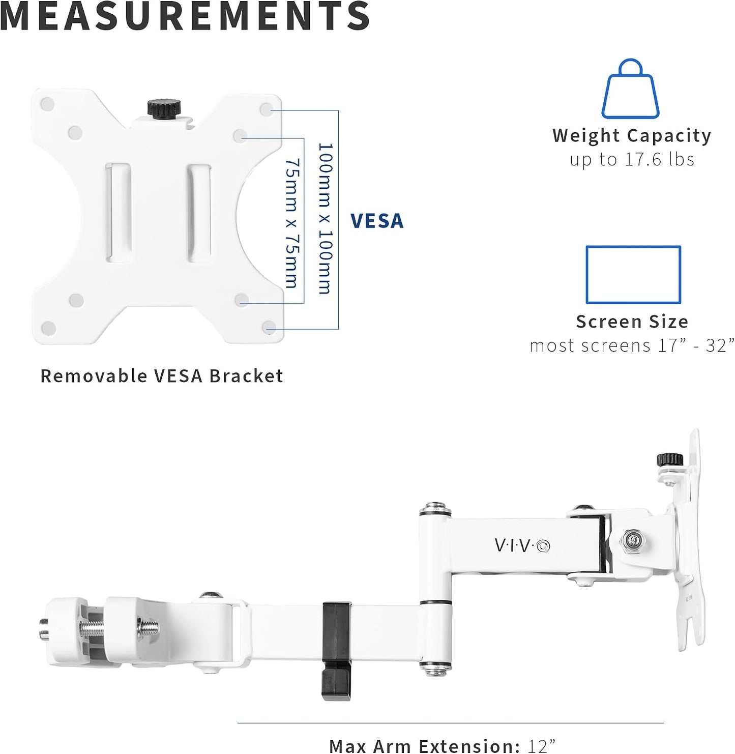 VIVO White Pole Mount Monitor Arm for 17 to 32 in Screen, MOUNT-POLE01AW | Universal, Heavy Duty Steel Design, Full Motion VESA Monitor Arm, Removable 75mm and 100mm VESA Plate