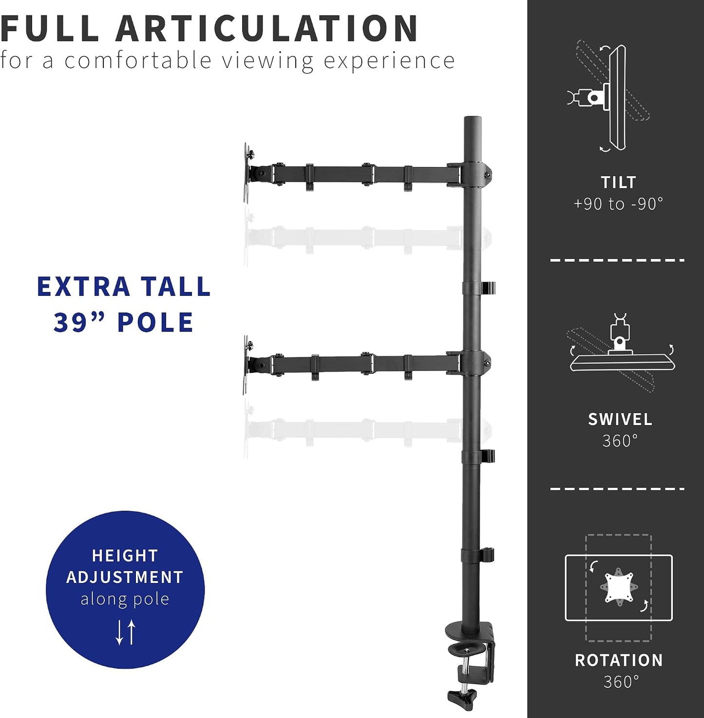 VIVO Extra Tall Vertically Stacked Dual Monitor Desk Mount Stand with 39 inch Stand-up Pole, Fully Adjustable Extended Arms, Fits 2 Screens up to 27 inches, STAND-V012T
