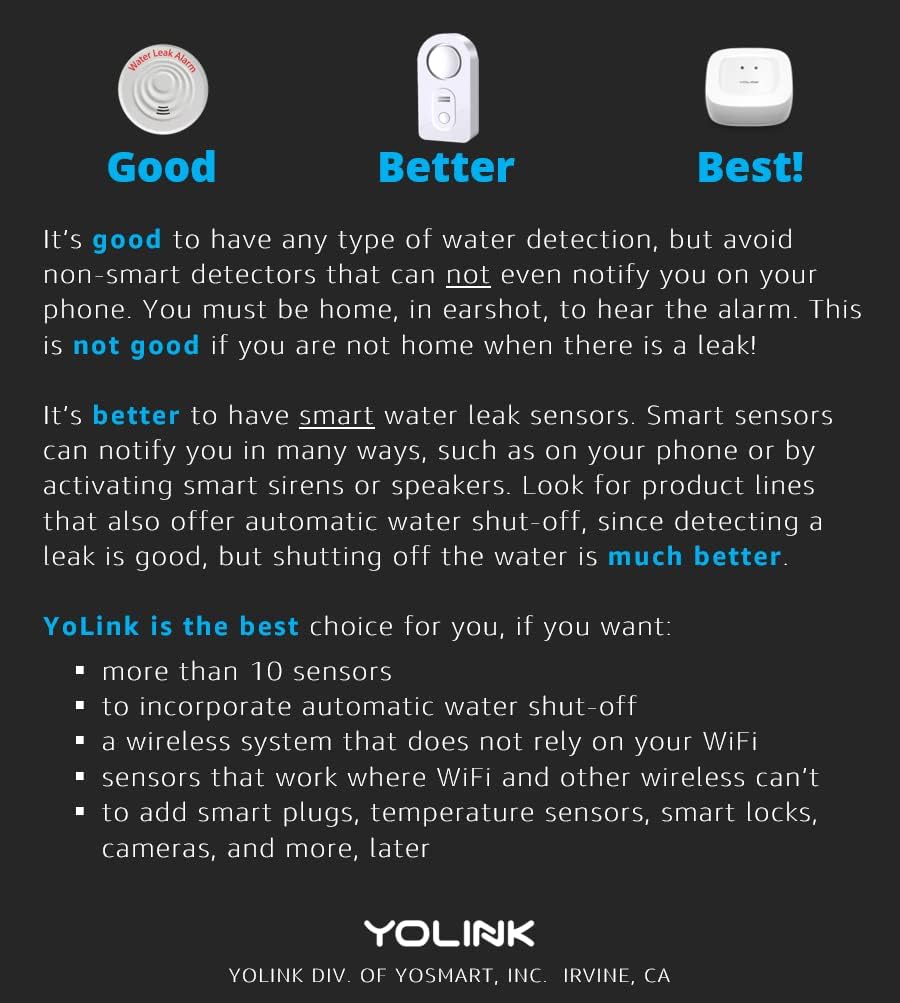 YoLink Water Leak Sensor 3-Pack, LoRa Up to 1/4 Mile Open-Air Range Smart Water Leak & Flood Detector, SMS/Text, Email & Push Notifications, w/Alexa, IFTTT, Home Assistant - YoLink Hub Required