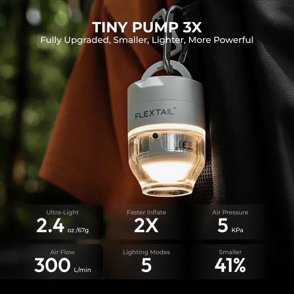 FLEXTAILGEAR Tiny Pump 3X Portable Air Pump for Inflatables | Advanced Low Noise Design, Air Mattress Pump with 5-Mode Light, Electric Air Pump for Camping Gear Pool Floats Sleeping Pads