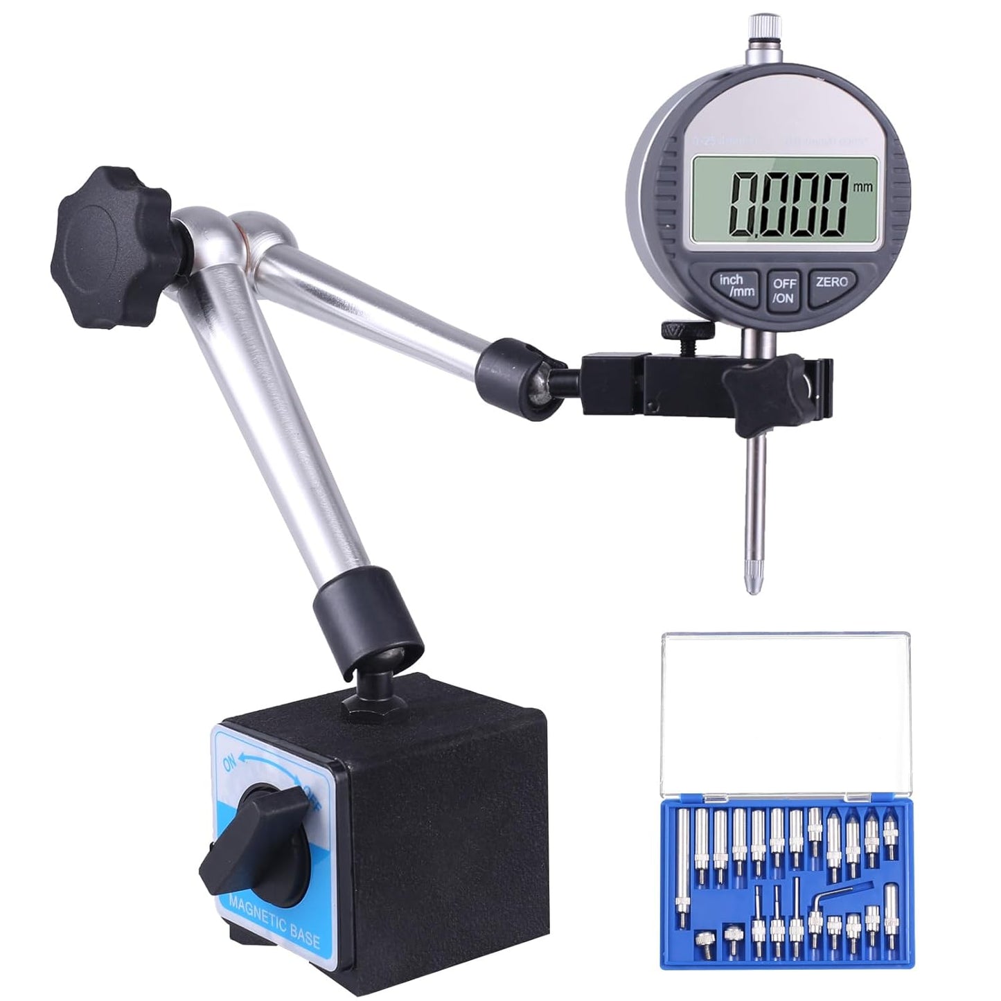 Electronic Digital Dial Indicator 0-1" / 25.4mm | with Magnetic Base Holder ,Fine Adjustable Long Arm ,Metric Conversion Professional Gauge 0.01mm/0.001"