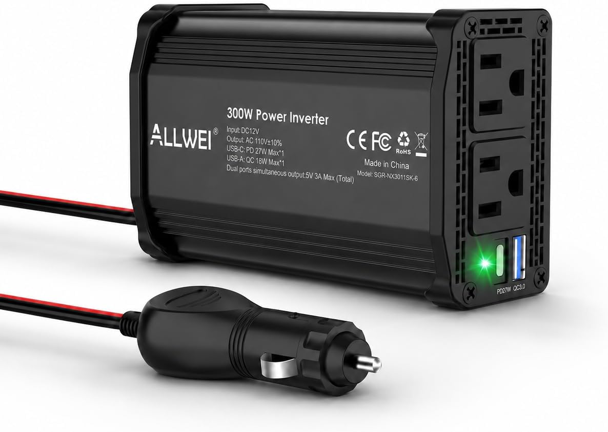 ALLWEI 300W Car Power Inverter 12V DC to 110V AC Car Inverter-Black | with 27W PD USB-C&18W USB-A Fast Charging, Car Charger Cigarette Adapter for Phone, Laptop and Small Devices on Road Trip