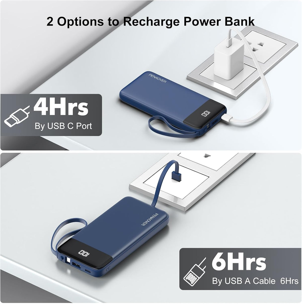 Portable Charger Built-in Cables,10000mAh Fast Charge Power Bank for iPhone | LED display, 0.64in Ultra Slim, Charge 5 Devices at Once, TSA Approved Travel Essential for iPhone/Samsung/iPad/Android
