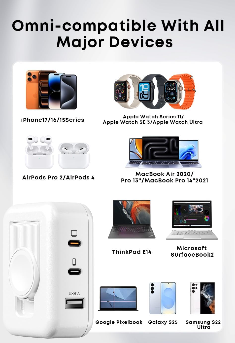 100W 4in1 Charger with Apple Watch Charging, Fast USB C Charger Block Dual Foldable Travel Essentials for iPhone 17/16/15 Series, iPad, MacBook Pro/Air, iWatch