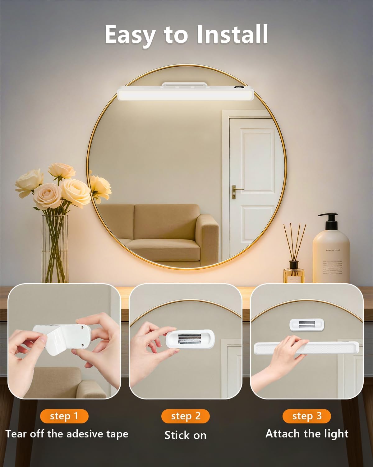 WILLED 5W Mirror Lights with Remote Control,Eye-Friendly Vanity Lights Stick on,Adjustable Color Temperatures Makeup Light with Battery Level Display,Rechargeable Light bar for Bathroom(2 Pack)