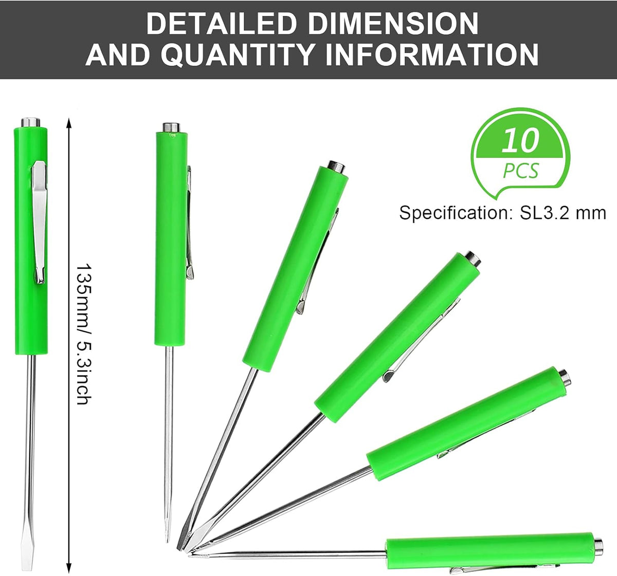Honoson 10 Pcs Pocket Screwdriver Magnetic Mini Slotted Flathead, Green | Small Slotted Tool with Pocket Clip, Single Blade for Electrician Mechanical Work, Portable Mini Set for Quick Repairs