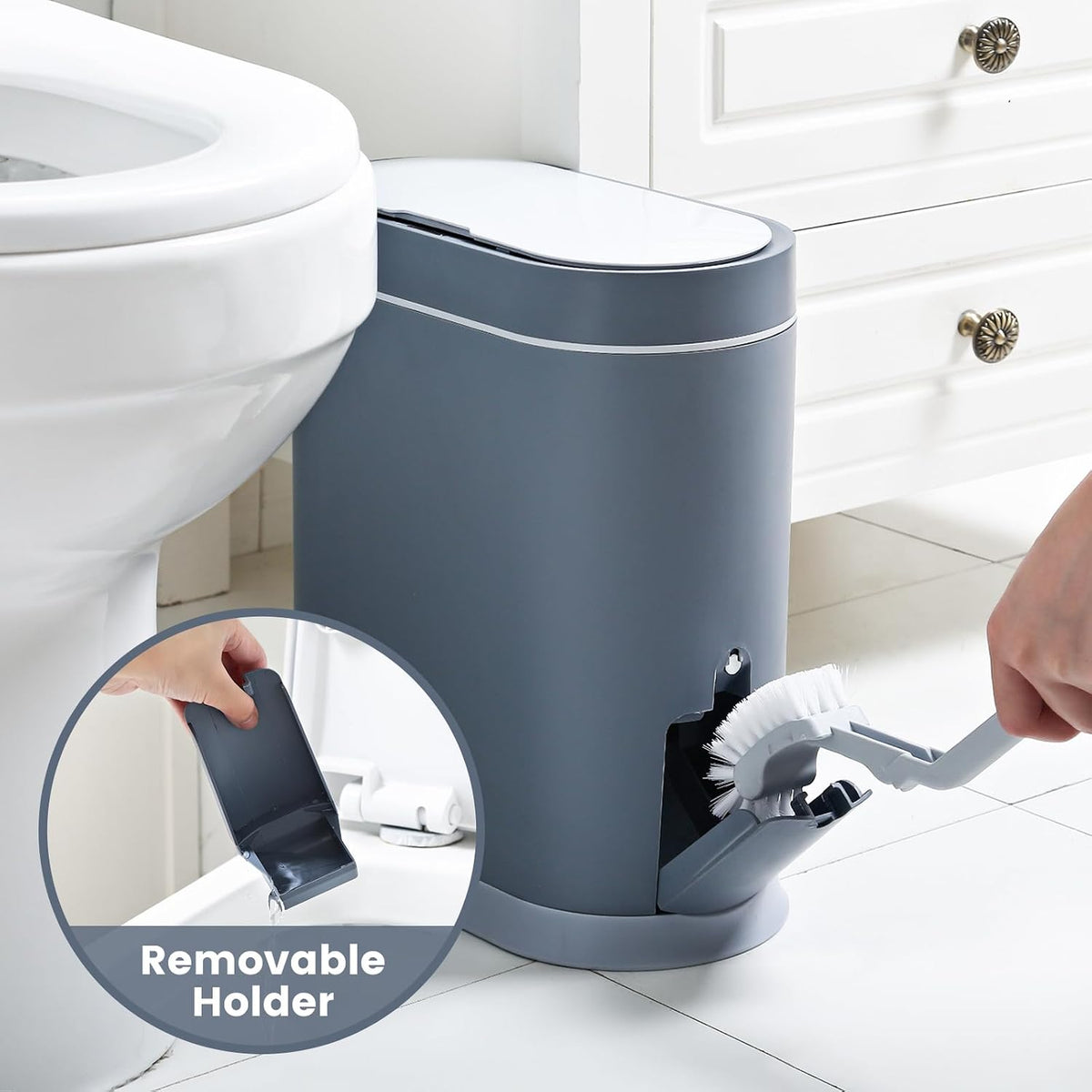 Bathroom Trash Can with Toilet Brush, 2.5 Gallon, Motion Sensor, Grey