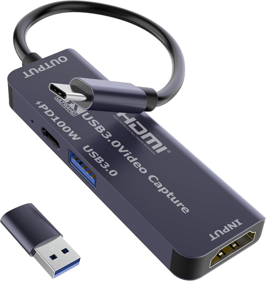 USB 3.0 Video Capture Card with PD 100W, Recording 4K, 1080P 60FPS, HDMI to USB-A/USB-C Capture Card with USB 3.0 Port for Quest 3, Switch, PS5/4, Camera, Xbox, Tablet PC