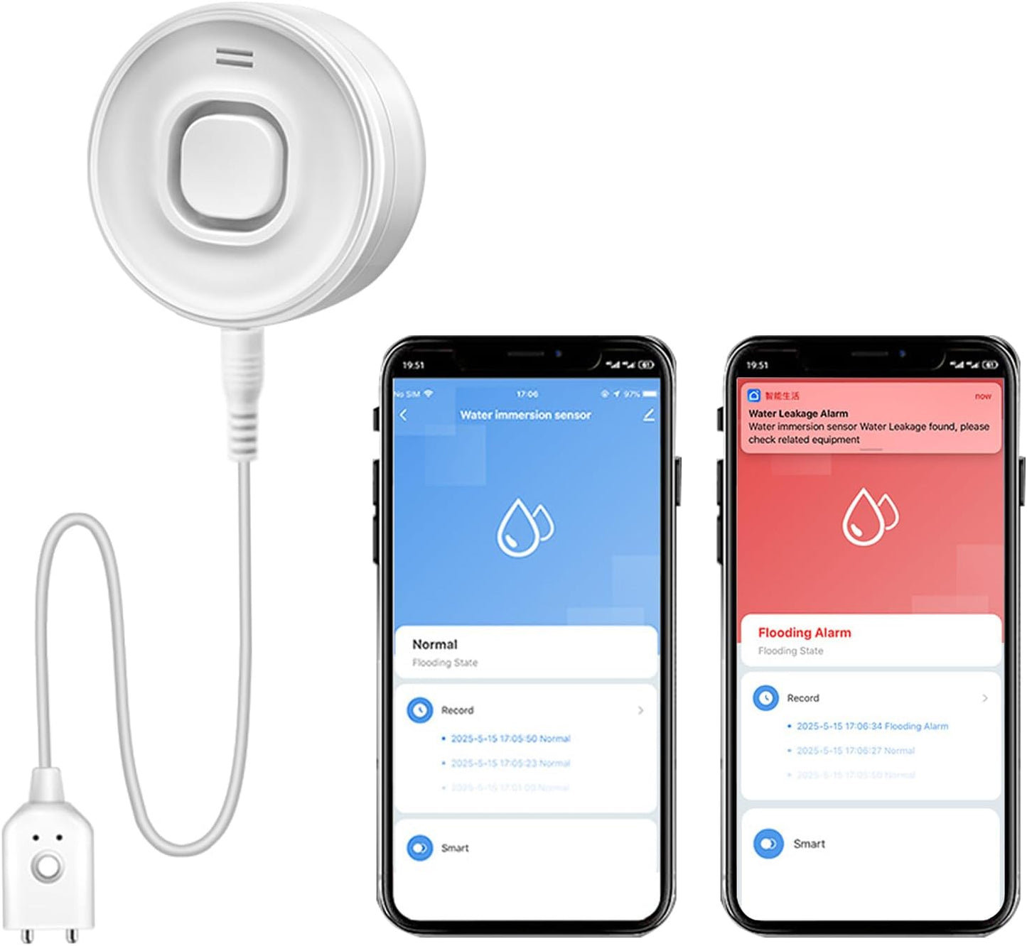 Water Alarm Leak Detector, Water Leak Detector with Cable, 100dB Adjustable Sound Alarm & Real-Time App Alerts WiFi Water Sensor for Home, Kitchen, Bathroom, Warehouse