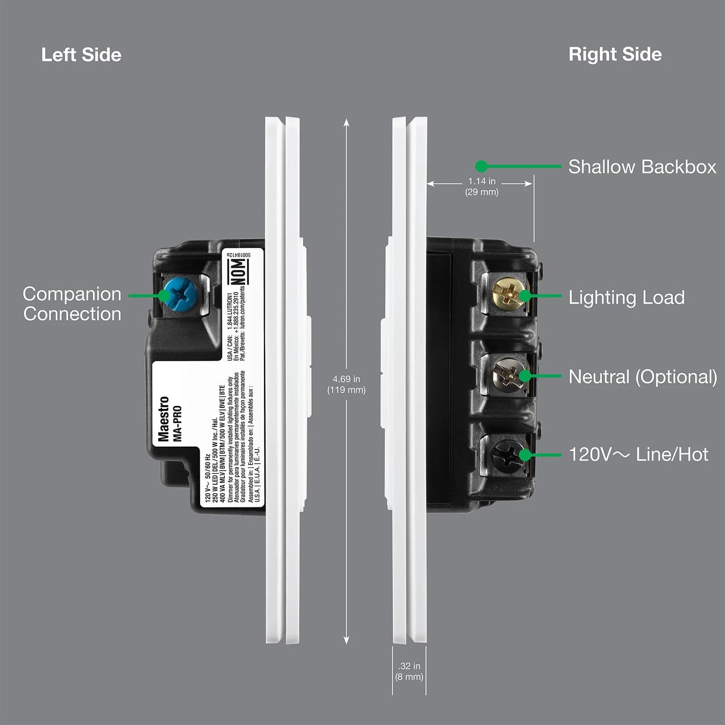Lutron Maestro PRO LED+ Tap Dimmer Switch for 250W LED, 500W ELV, 400W MLV, Single Pole/Multi-Location, Neutral Wire Optional, MA-PRO-WH, White