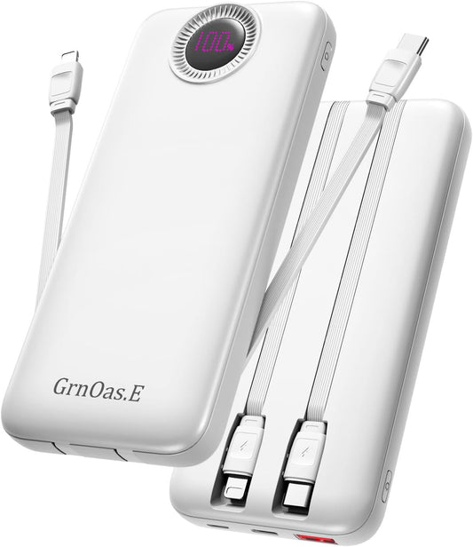 Portable Charger with Built in Cables，10000mAh 22.5W Max High-Speed Charging Power Bank with 4 Outputs 2 Inputs,External Travel Battery Pack for iPhones Android,iPad (Pearl White)