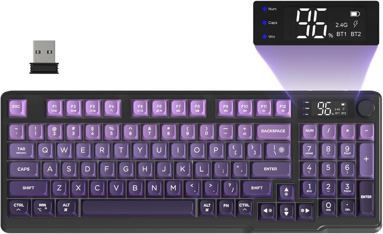 Free wolf M96 Wireless Gaming Keyboard Creamy Membrane 94Key ANSI-Purple | Rainbow Backlight,Media Knob,LCD Screen,Dual Mode-Bluetooth/2.4Ghz,Ball Shape PBT Keycap,3000mAh battery for Win Mac PC Gamer