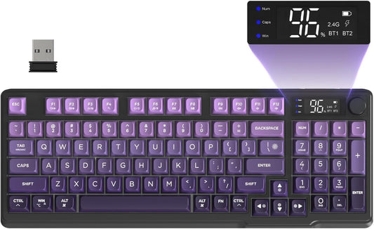 Free wolf M96 Wireless Gaming Keyboard Creamy Membrane 94Key ANSI-Purple | Rainbow Backlight,Media Knob,LCD Screen,Dual Mode-Bluetooth/2.4Ghz,Ball Shape PBT Keycap,3000mAh battery for Win Mac PC Gamer