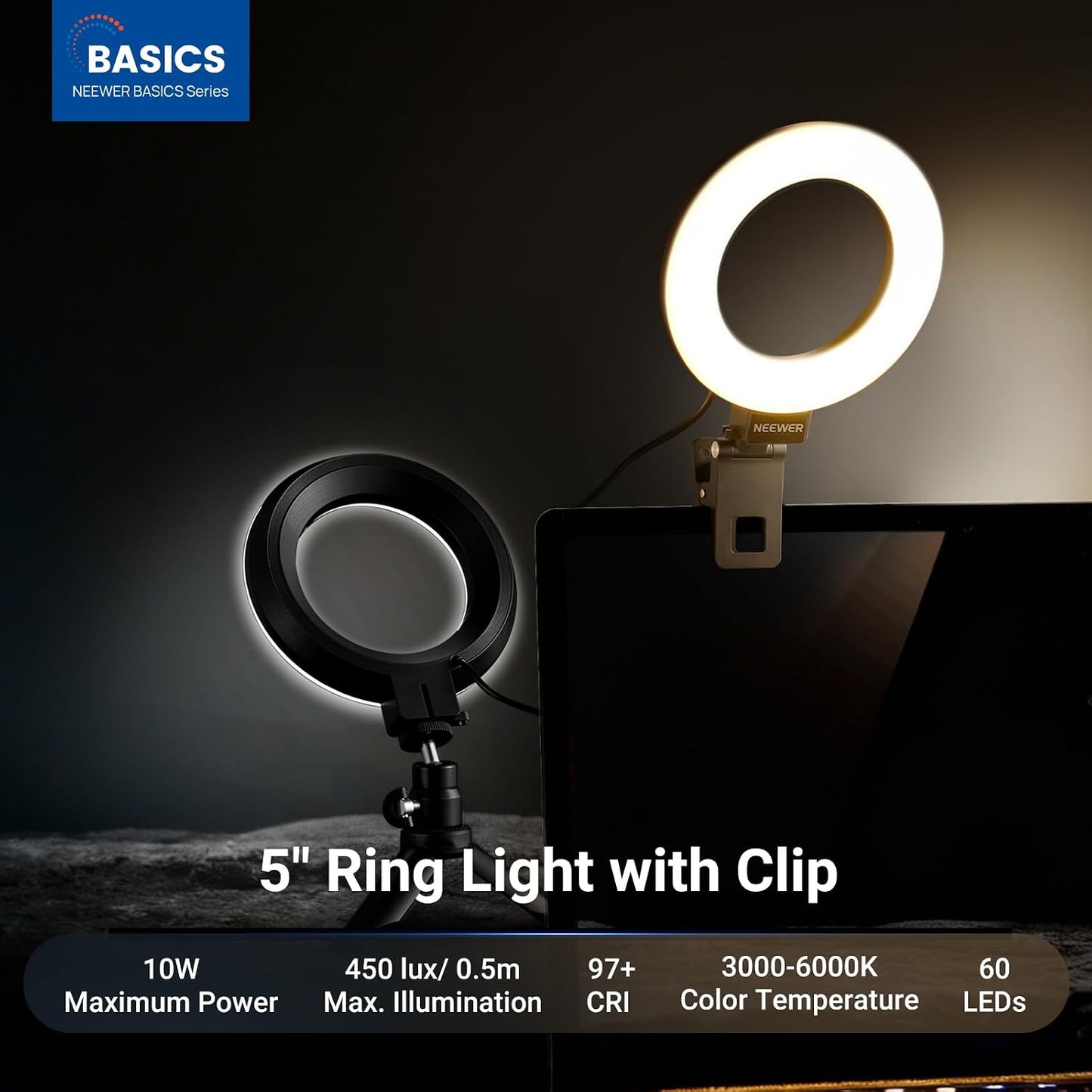 NEEWER Basic 5" Ring Light for Video Conference Lighting, Clip on Light Kit with Desk Tripod Stand for Monitor Laptop Computer Zoom Call Live Streaming Remote Working Learning Video Recording, BR60