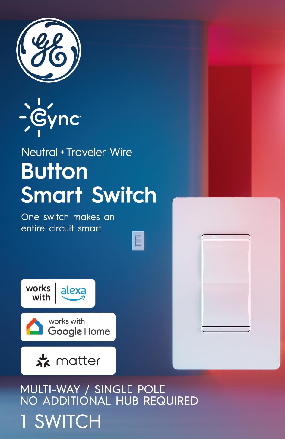 C by GE Smart Switch, Wi-Fi & Bluetooth, No Hub, Alexa Google | On/off button style, neutral wire required, works with Alexa & Google Home, no hub needed, easy DIY install