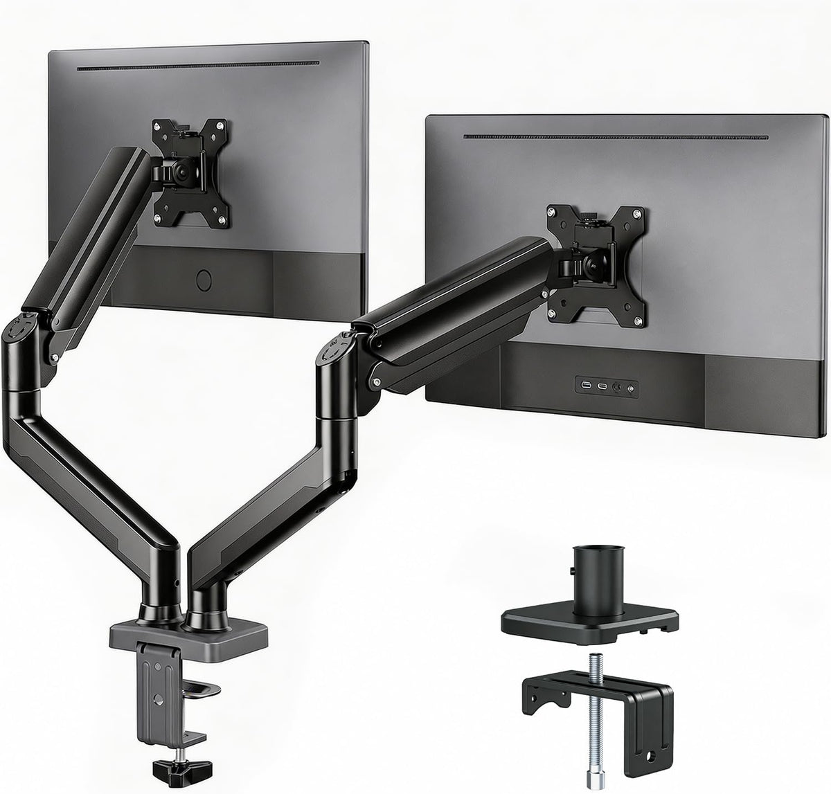 Dual Monitor Arm, Gas Spring VESA Mount Stand for 13‑32 Inch Computer Screens, Full Motion Fully Adjustable with C‑Clamp & Grommet Mounting Base, Each Arm Holds 4.4‑19.8 lbs