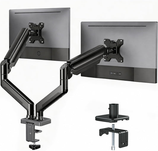 Dual Monitor Arm, Gas Spring VESA Mount Stand for 13‑32 Inch Computer Screens, Full Motion Fully Adjustable with C‑Clamp & Grommet Mounting Base, Each Arm Holds 4.4‑19.8 lbs
